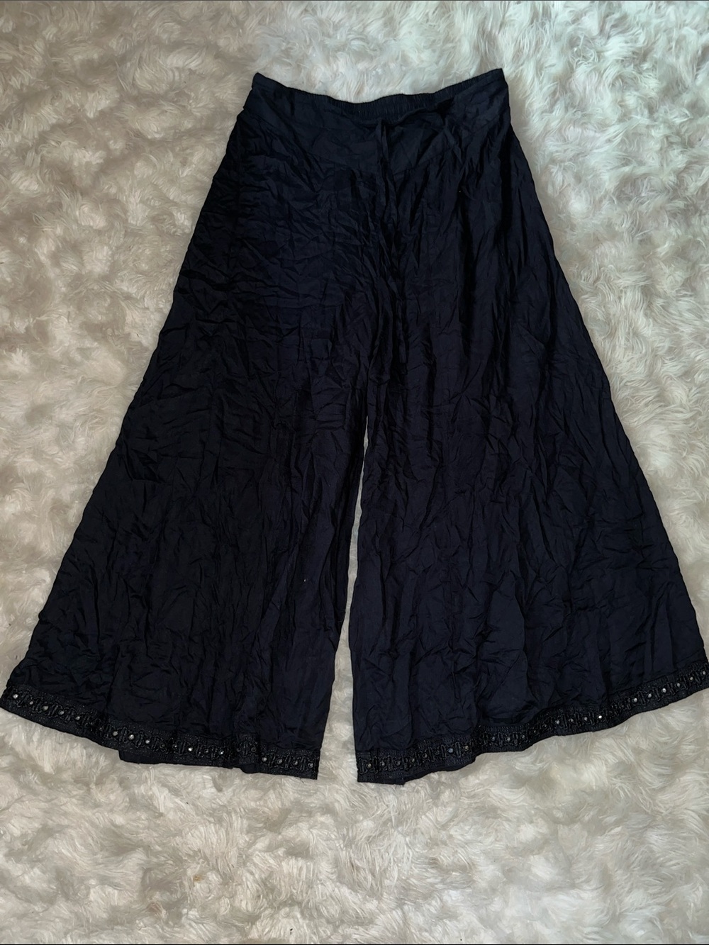 Black Wide-Leg Palazzo Pants with Lace Trim